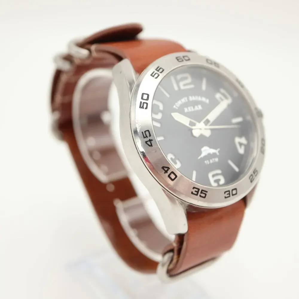Tommy Bahama Relax Mens 44mm Watch 100M Brown Leather Strap with New Battery